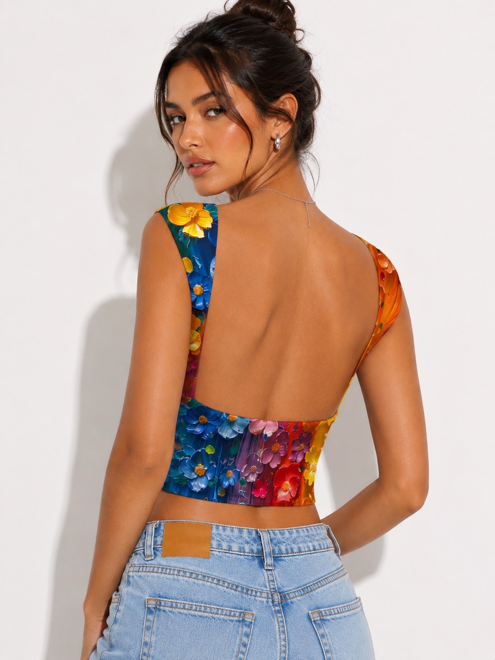 Open Back Vibrant Floral Crop Top Colorful Summer Festival Tank